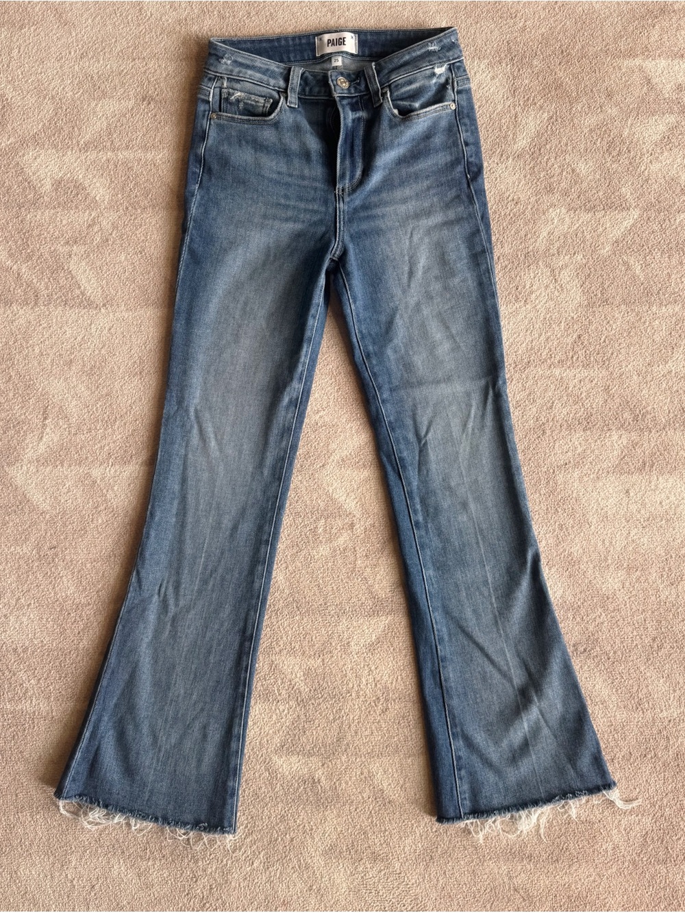 PAIGE Petite Laurel Canyon Raw Hem Flare Blue Women's Jeans - Olivin Distressed